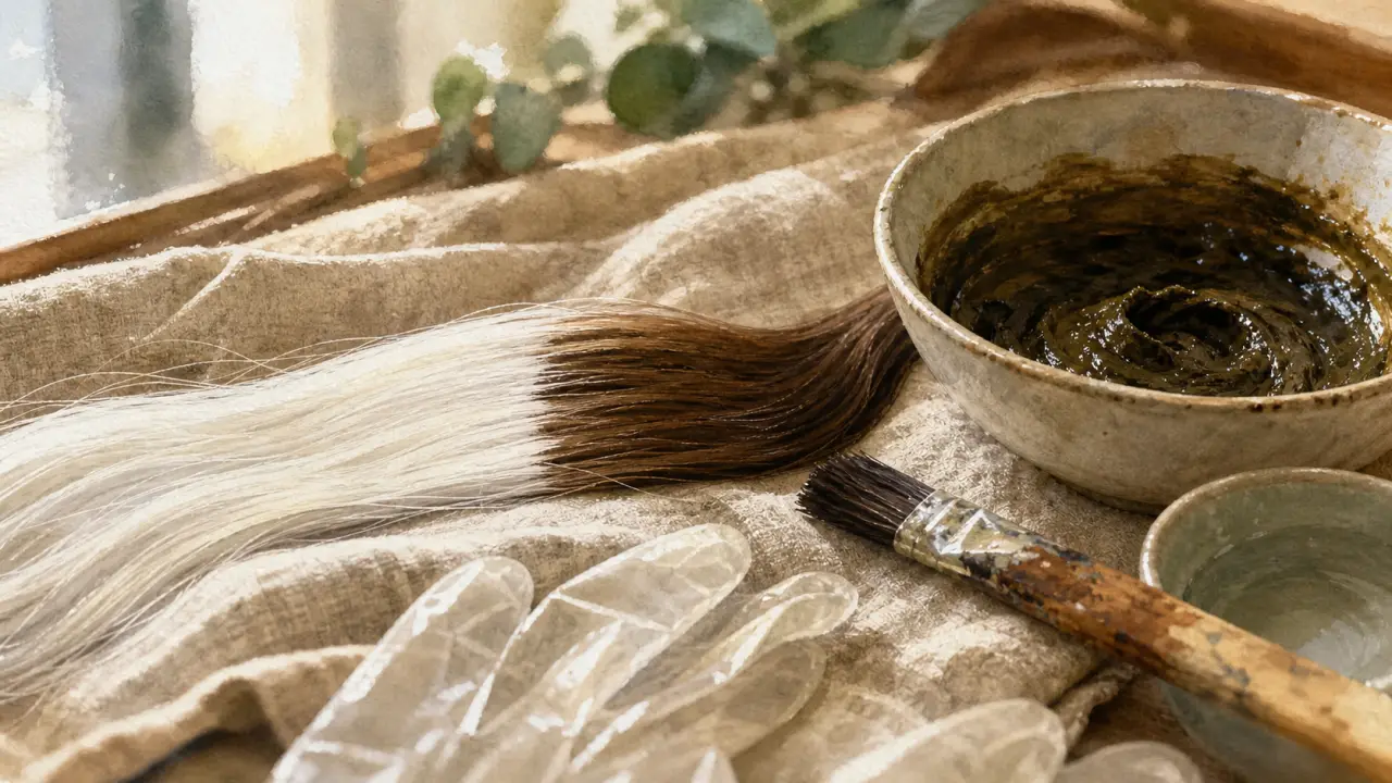 Coloration végétale cheveux blancs : mèche châtain et zones blanches