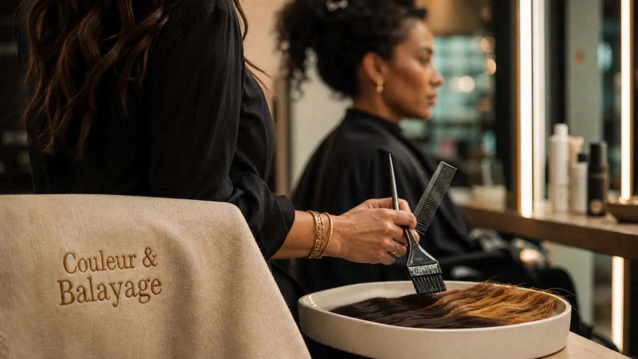 Couleur et balayage : mèches et brushing, coiffeuse et miroir