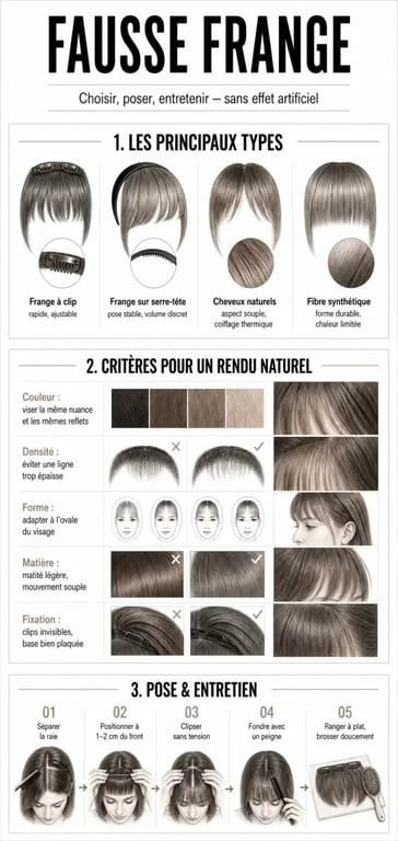 Infographie fausse frange : types, critères de choix, pose et entretien