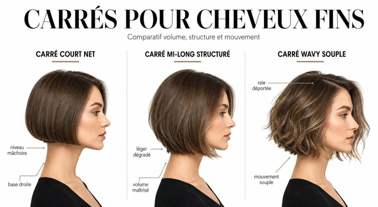 Coupes au carré cheveux fins : comparaison de trois carrés adaptés pour gagner en volume et en densité