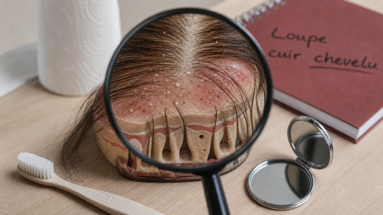 Cuir chevelu loupe montrant rougeurs et squames