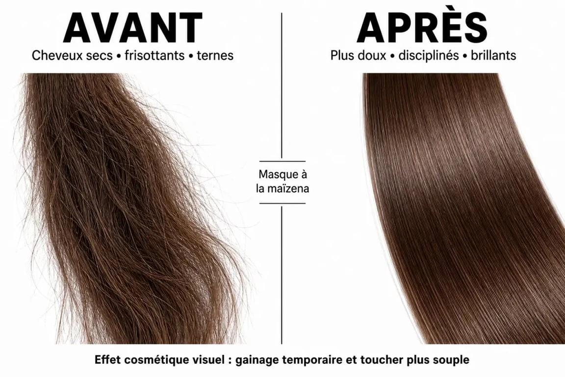 Maïzena cheveux avant après : comparaison visuelle de cheveux frisottants puis plus doux et brillants