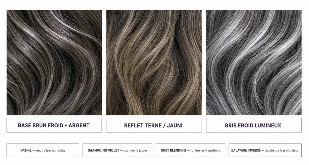 Couleur poivre sel : comparaison visuelle entre cheveux gris lumineux, reflet jauni et entretien anti-jaunissement