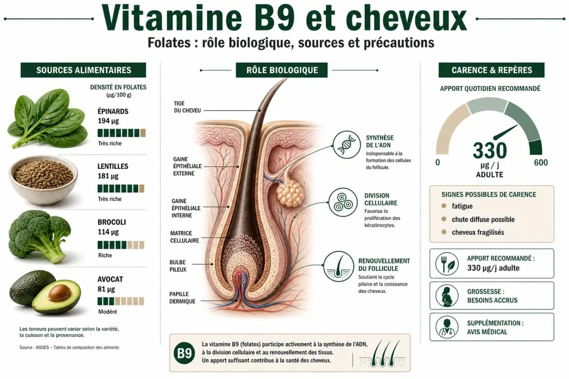 Vitamine B9 cheveux : schéma des folates, des signes de carence et des sources alimentaires