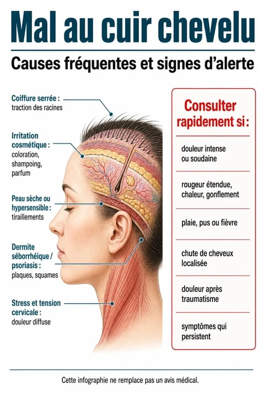 Infographie sur le mal au cuir chevelu : causes fréquentes et signes d’alerte