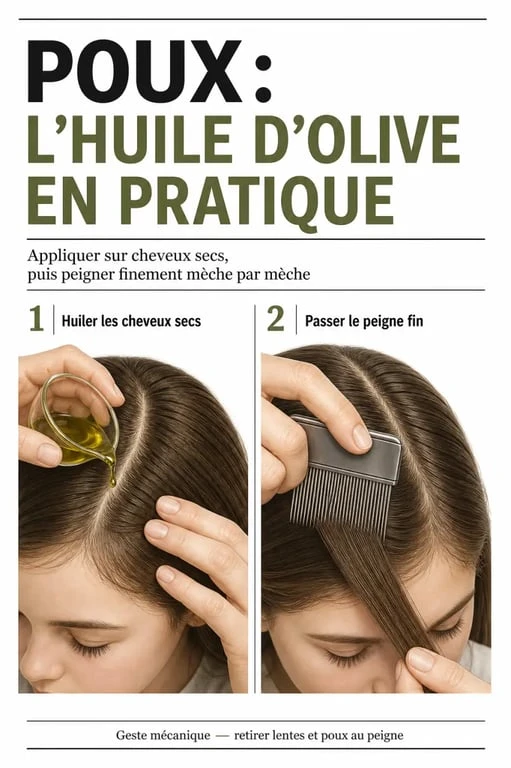Poux et huile olive : application sur les cheveux et passage du peigne fin