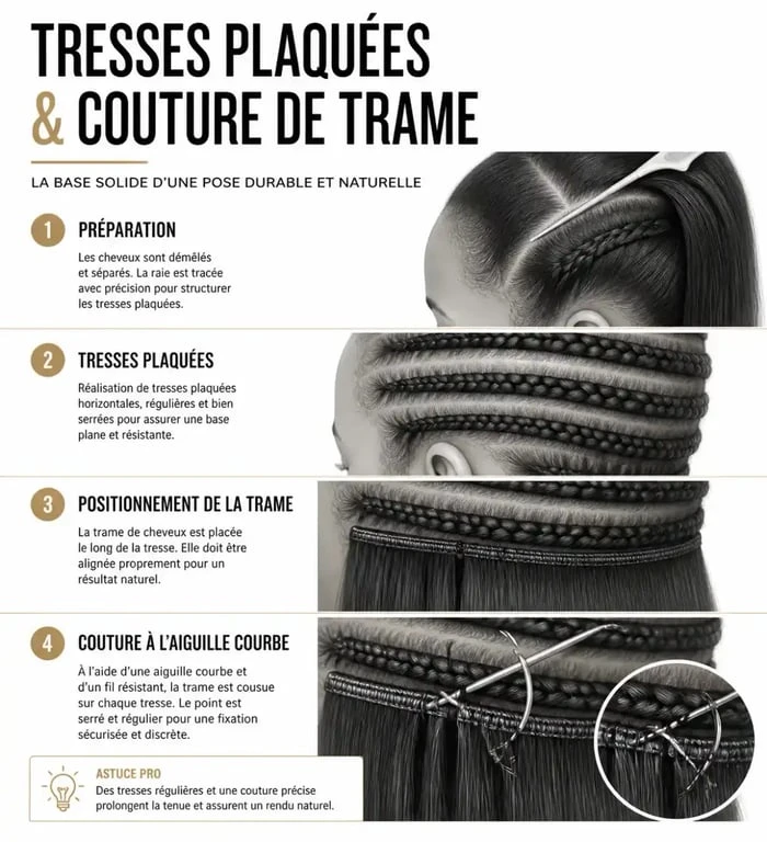 Étapes de pose d'une extension cheveux pour tissage par couture