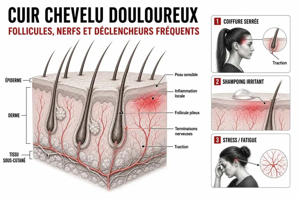 Douleur cuire chevelu : schéma du cuir chevelu, des follicules et des irritants