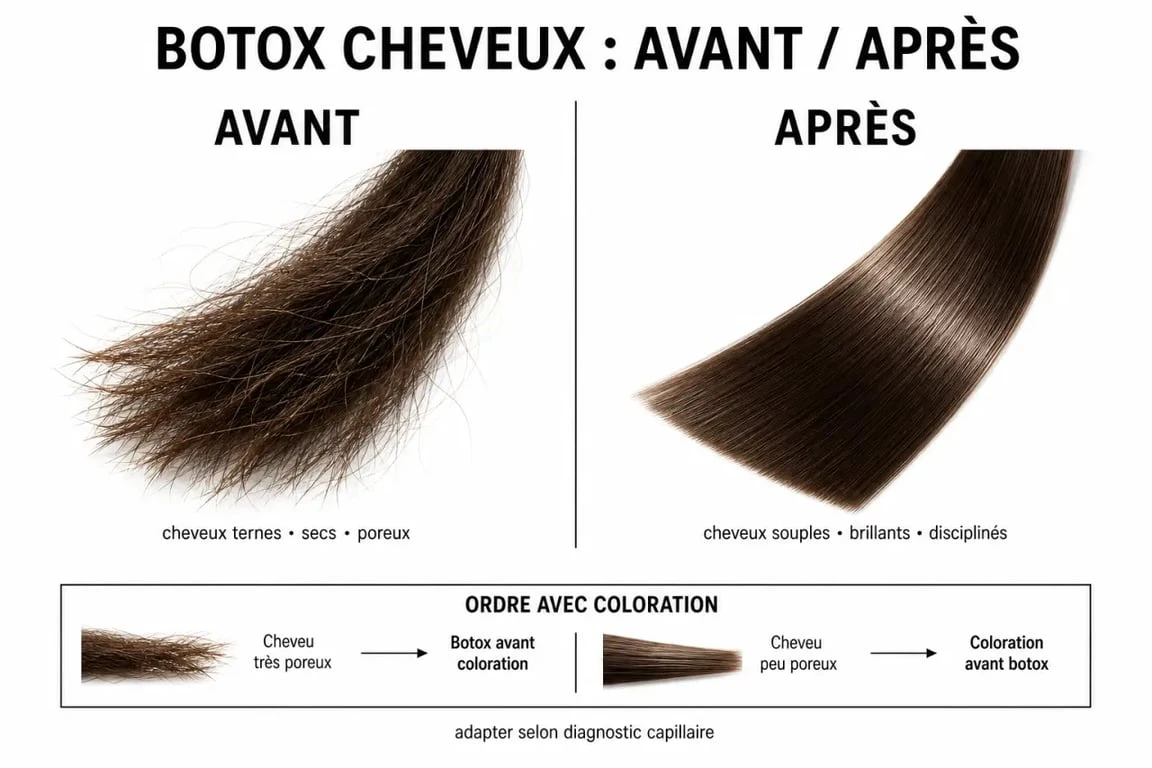 Soin botox cheveux avant/après : comparaison visuelle des cheveux avant et après le soin