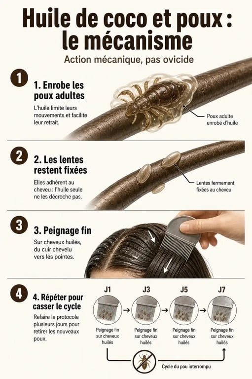 Infographie sur les poux huile de coco : mécanisme d’action, peignage et répétition du traitement