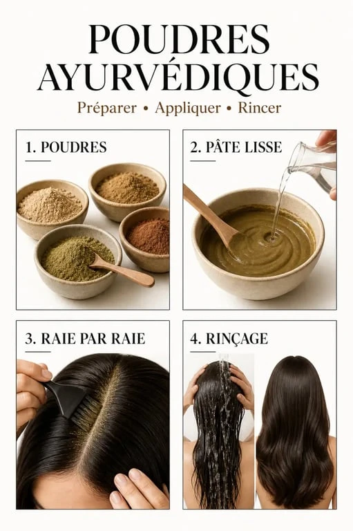 Poudres ayurvédiques pour cheveux : préparation, application et rinçage dans un visuel explicatif