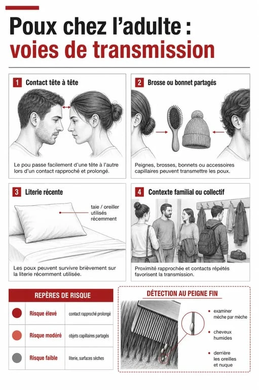 Attraper des poux adultes : schéma comparatif des voies de transmission et de la détection