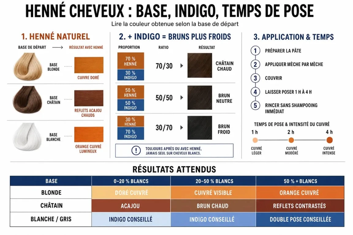 Henné pour cheveux : résultats selon la base de départ, couverture des cheveux blancs et étapes d’application