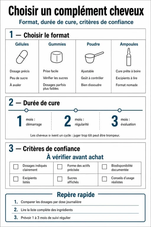 Meilleurs complements pour cheveux : schéma comparatif des formats, de la durée de cure et des critères de choix