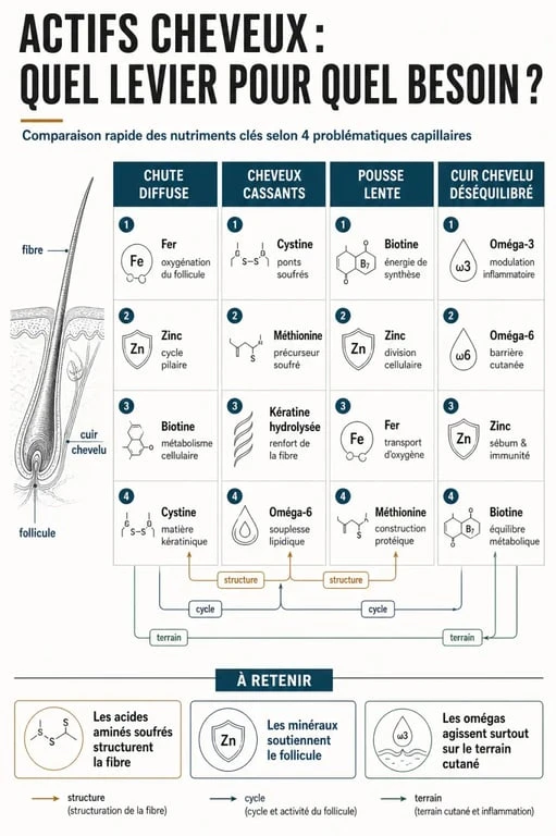 Meilleurs complements pour cheveux : infographie comparative des actifs clés selon la chute, la casse et la pousse