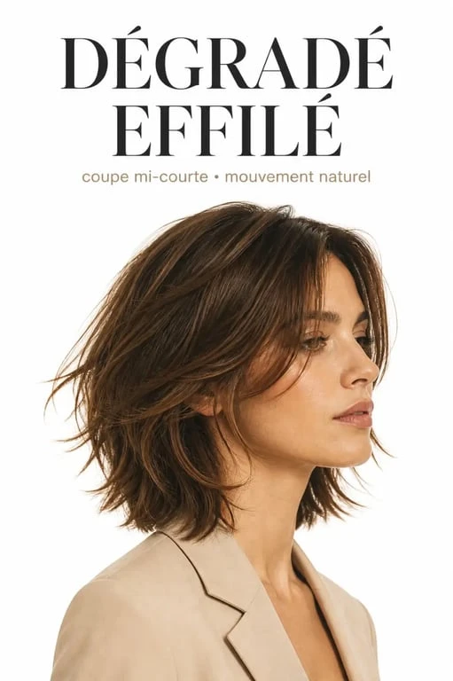 Coupe de cheveux femme dégradé effilé mi-court sur femme aux cheveux souples et mouvement naturel