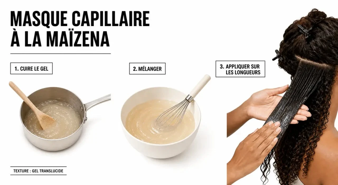 Masque maizena cheveux : préparation et application sur longueurs bouclées en illustration pédagogique