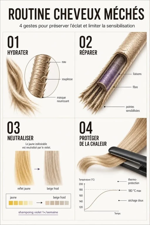 Meilleur soin cheveux méchés : routine visuelle pour hydrater, réparer, neutraliser et protéger les mèches