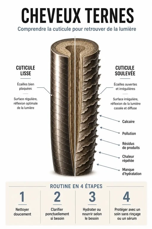 Infographie sur le soin cheveux ternes montrant les causes du manque de brillance et la routine pour retrouver de l’éclat