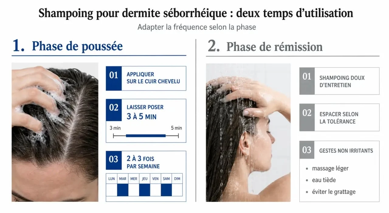 Dermite séborrhéique shampoing : routine d’utilisation en poussée et en rémission
