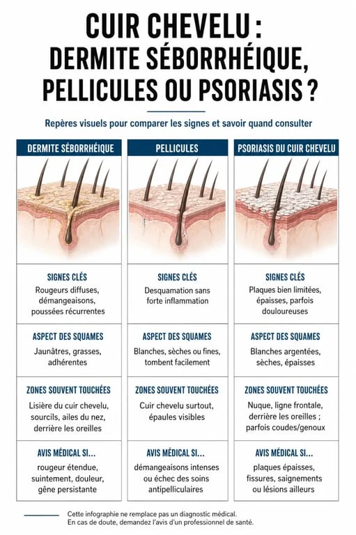 Dermite séborrhéique shampoing : comparaison visuelle avec pellicules et psoriasis du cuir chevelu