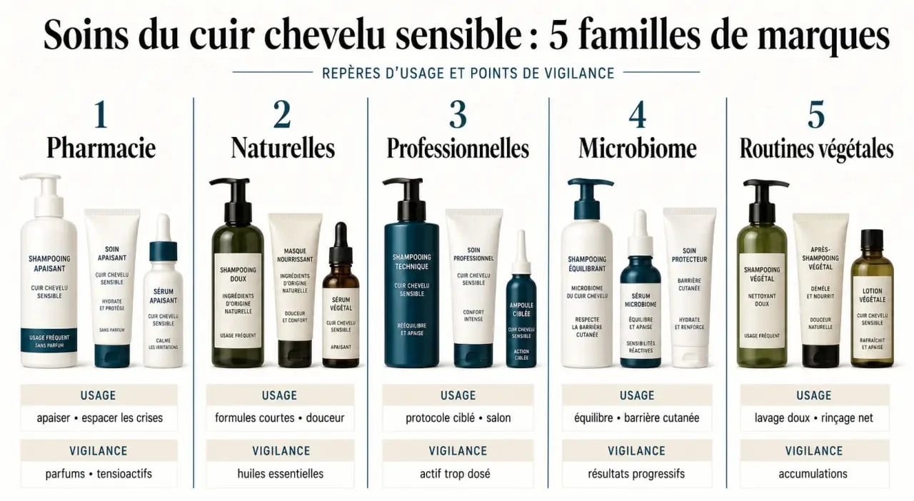 Comparatif des meilleures marques soins capillaires peau sensible présenté en visuel éditorial