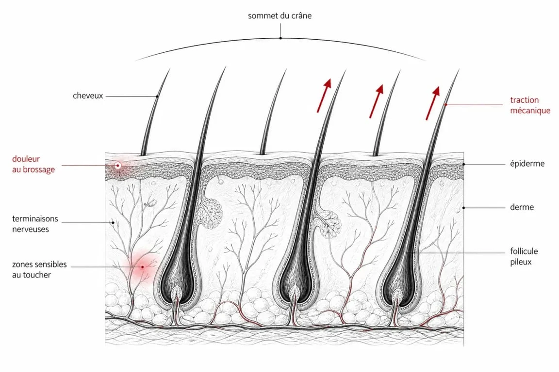 Schéma du haut du crâne et du cuir chevelu expliquant la douleur haut crane cuir chevelu