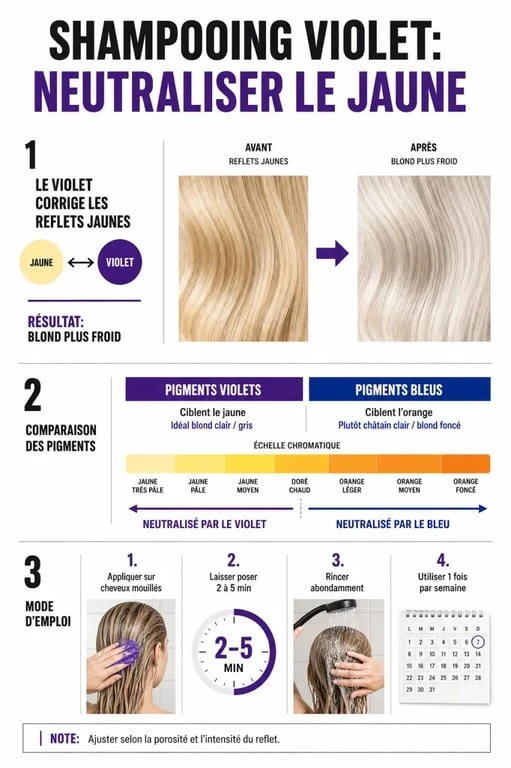 Shampooing jaune expliqué en schéma éditorial pour neutraliser les reflets jaunes des cheveux blonds