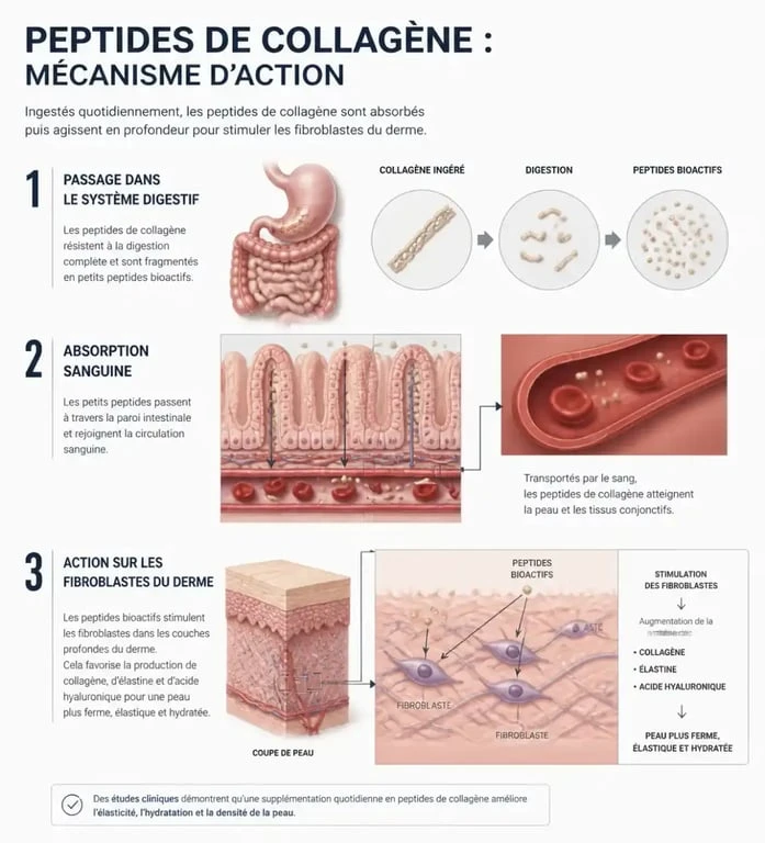 Schéma explicatif du fonctionnement du collagène expert sur la peau et l'élasticité cutanée