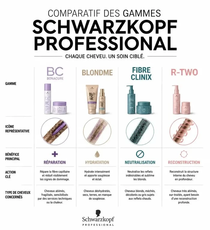 Infographie comparative des gammes de soin cheveux Schwarzkopf Professional pour choisir le produit adapté