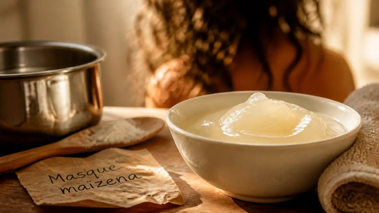 Masque maizena cheveux : crème gélifiée de maïzena sur table