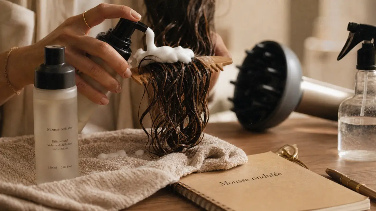 Mousse pour cheveux ondulés appliquée sur cheveux humides pour volume et définition