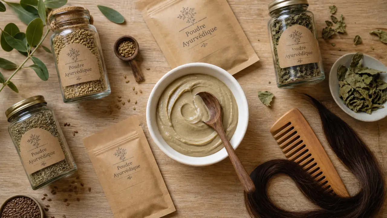 Poudres ayurvédiques pour cheveux : bol, sachets et cheveux bruns