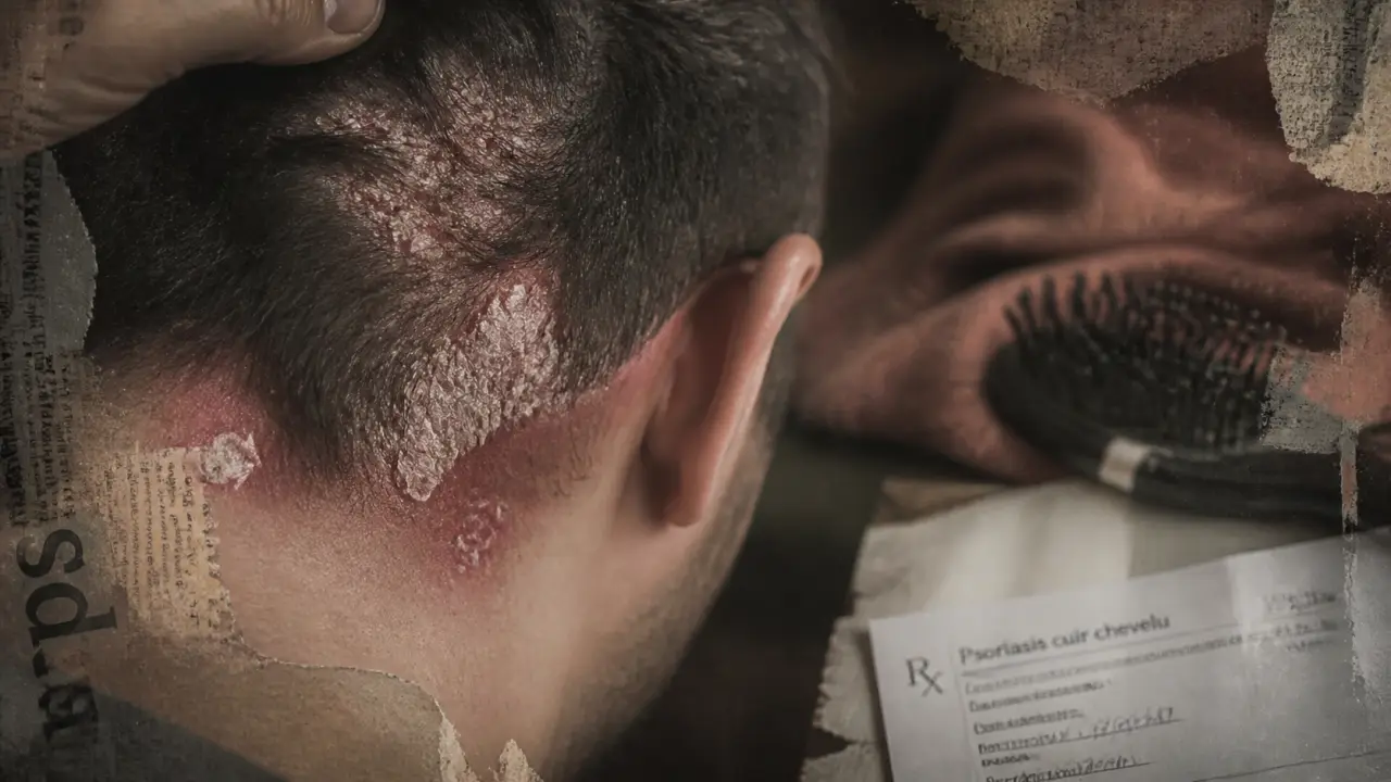 Psoriasis du cuir chevelu symptomes : plaques rouges et squames épaisses