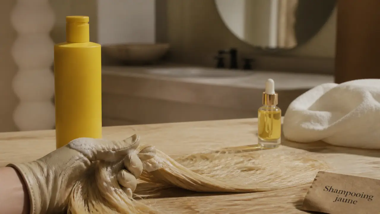 Shampooing jaune pour neutraliser les reflets chauds sur cheveux blonds