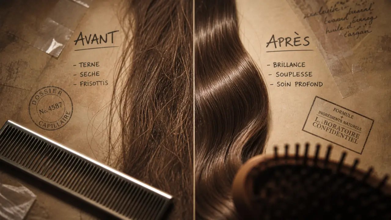 Soin botox cheveux avant/après : avant terne, après brillant et moins de frisottis
