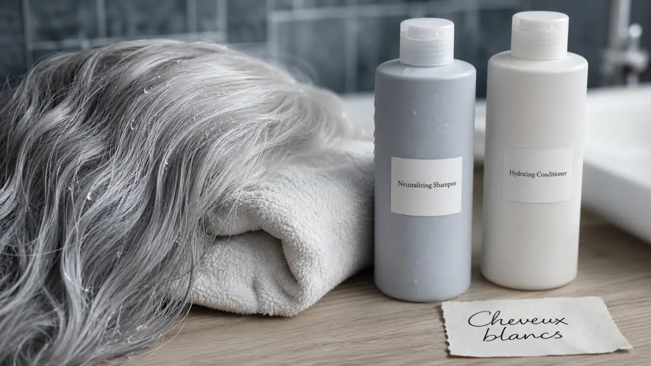 Soin cheveux blancs : neutralise les reflets jaunes sans assécher la fibre