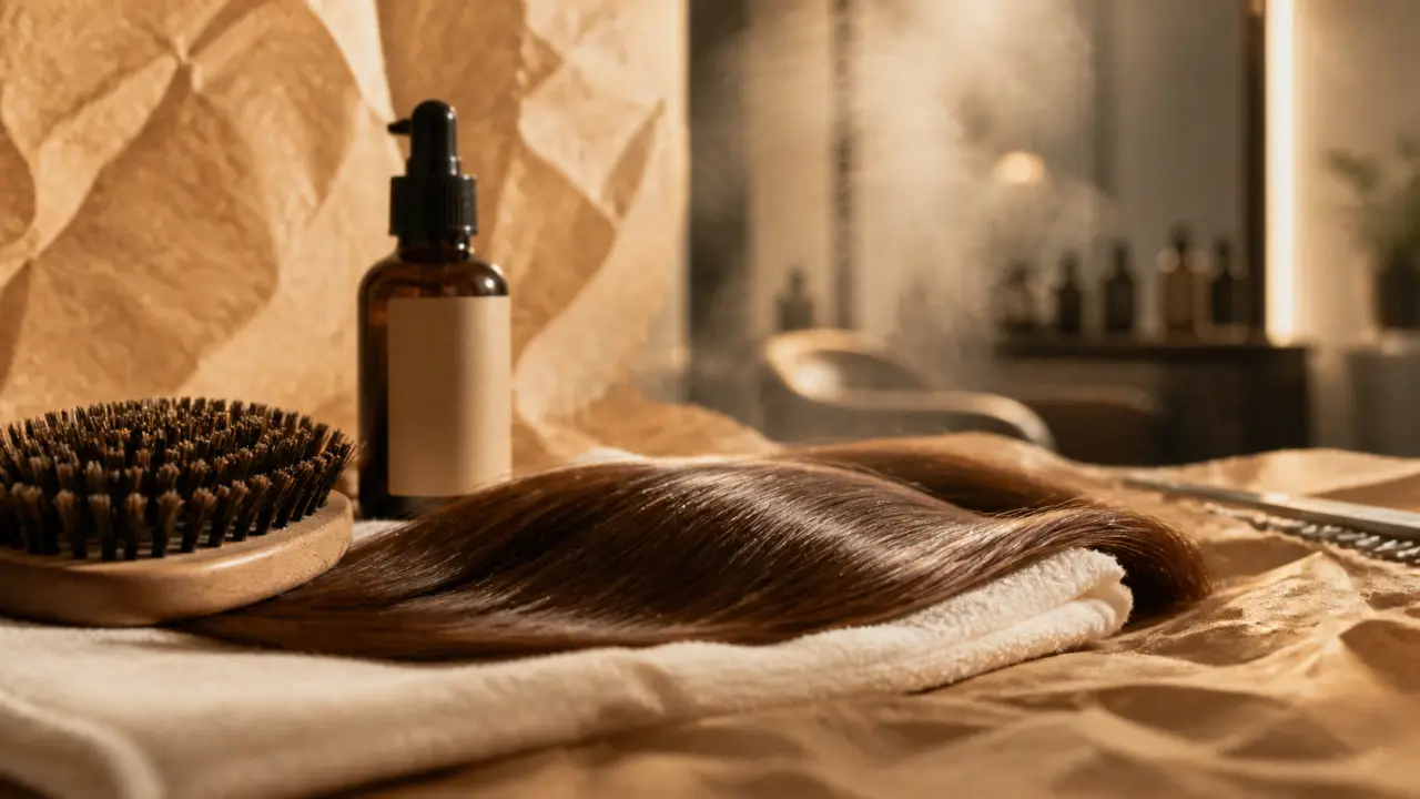 Soin tokio cheveux : mèche lissée brillante et flacon de soin