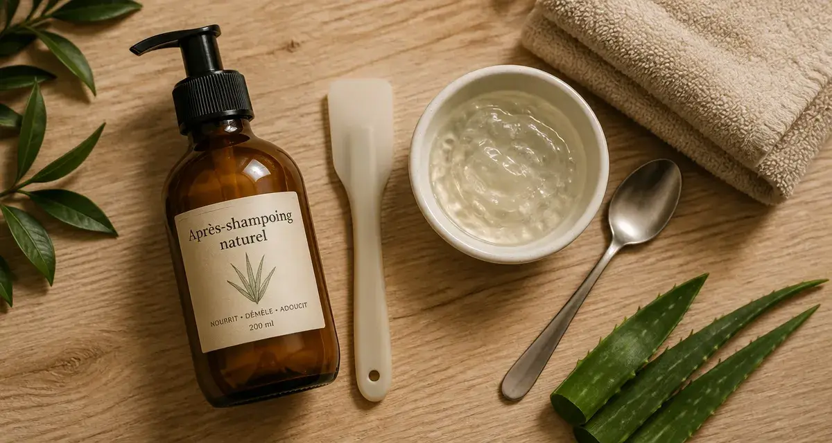 Après shampoing naturel sur table en bois clair, flat-lay