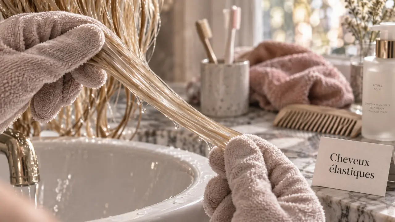 Cheveux elastique après décoloration, mèche humide étirée