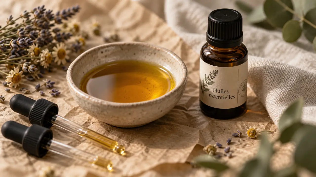 Démangeaisons cuir chevelu huiles essentielles : mélange huile végétale et pipettes