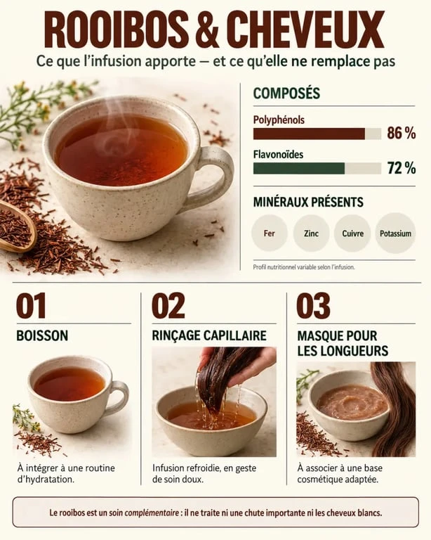 Infographie sur le rooibos cheveux : composants, usages et limites pour la routine capillaire