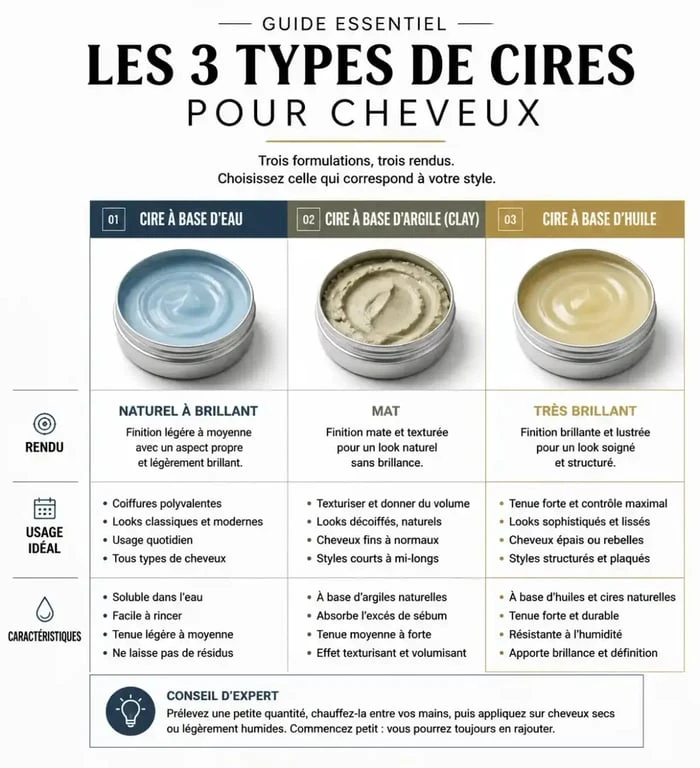 Infographie comparative des types de cire pour homme cheveux : eau, argile et huile