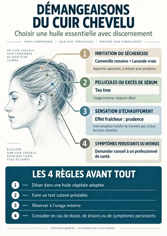 Infographie sur les démangeaisons du cuir chevelu et les huiles essentielles selon le symptôme