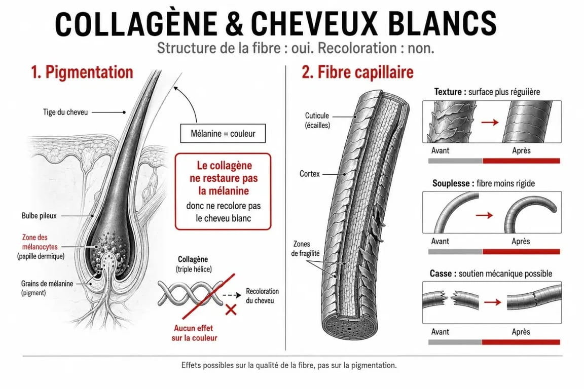 Collagène cheveux blancs : schéma montrant ce que le collagène ne change pas et ce qu'il peut soutenir sur la fibre capillaire