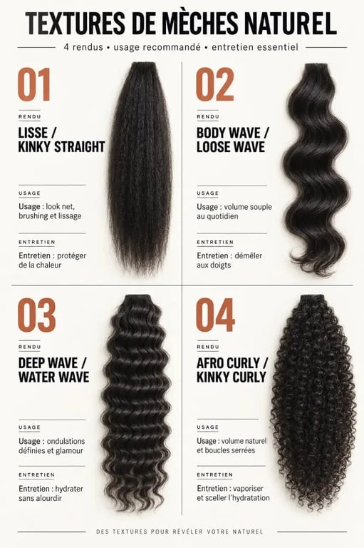 Infographie des textures de mèches naturel, de la texture lisse aux boucles afro curly