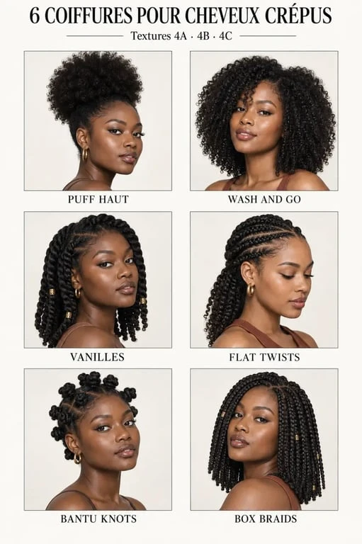 Idées de coiffure cheveux crépus : puff, wash and go, vanilles, flat twists, bantu knots et box braids
