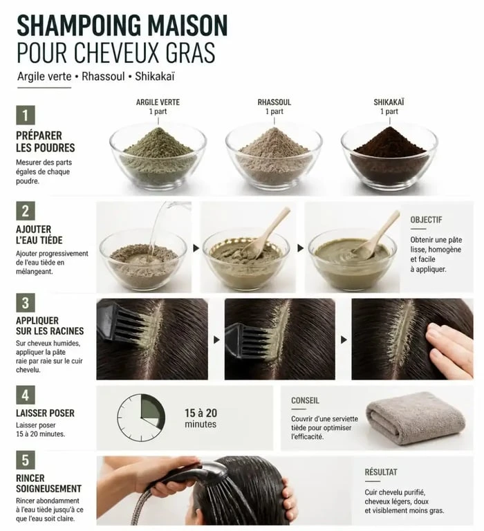 Étapes de préparation d’un shampoing maison pour cheveux gras à base d’argile, de rhassoul et de shikakaï