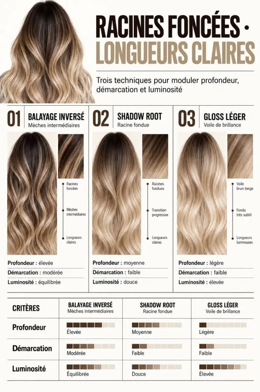 Infographie comparative pour des racines foncées et longueurs claires : balayage inversé, shadow root et gloss