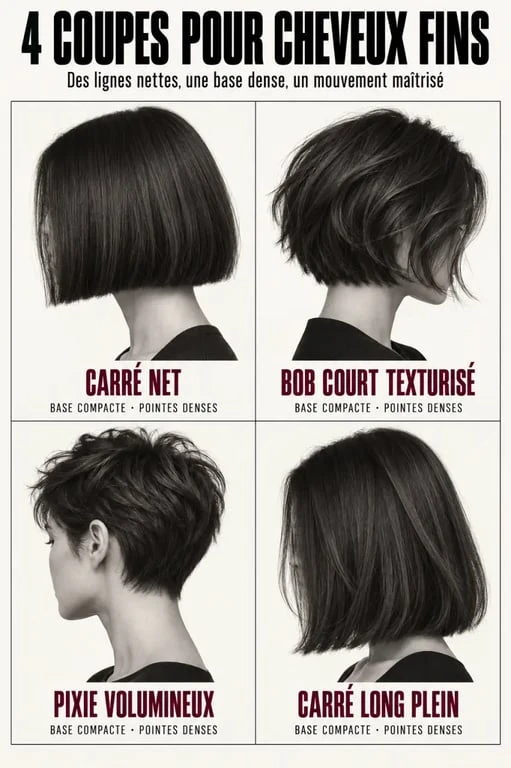 Coupes de cheveux fins et clairsemés avec carré net, bob court, pixie et carré long plein